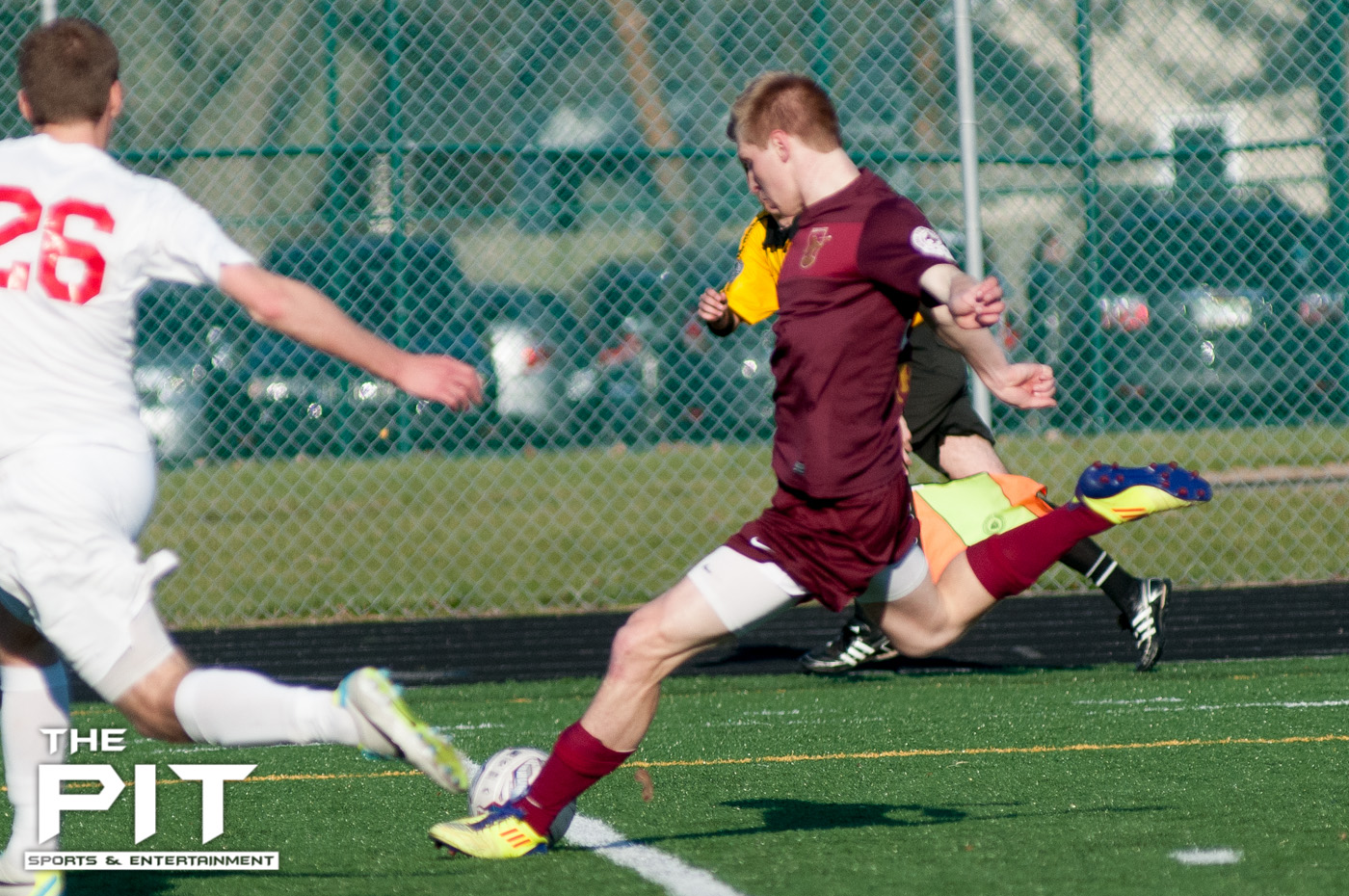 Detroit City FC Forward Zach Meyers (15) makes a shot attempt and scores in the first half of a scrimmage match against Saginaw Valley on April 19, 2014 at Hurley Field. Brian Quintos / The Pit: SE