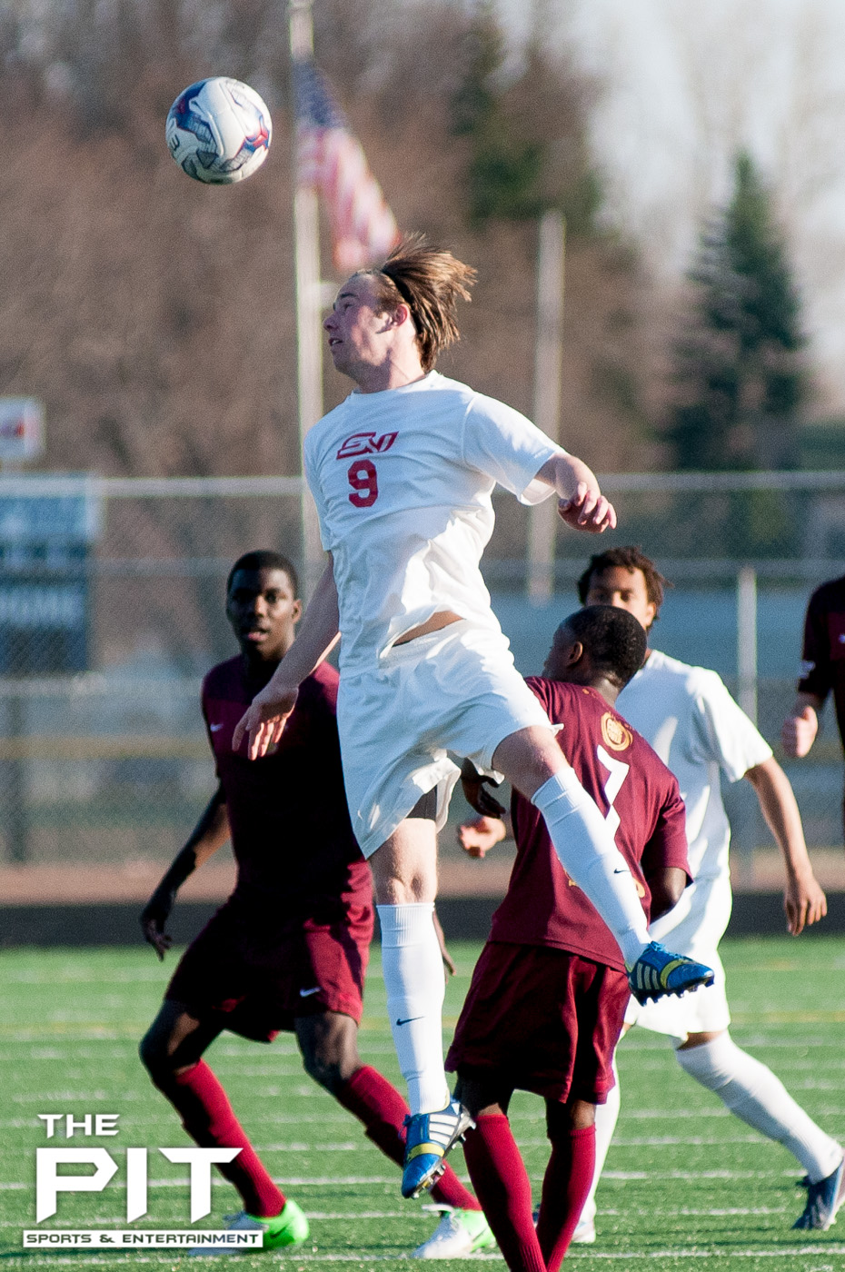 A Saginaw Valley player head-butts the ball to regain control for his team. SVSU lost the scrimmage match against Detroit City FC 1-0 on April 19, 2014 at Hurley Field. Brian Quintos / The Pit: SE