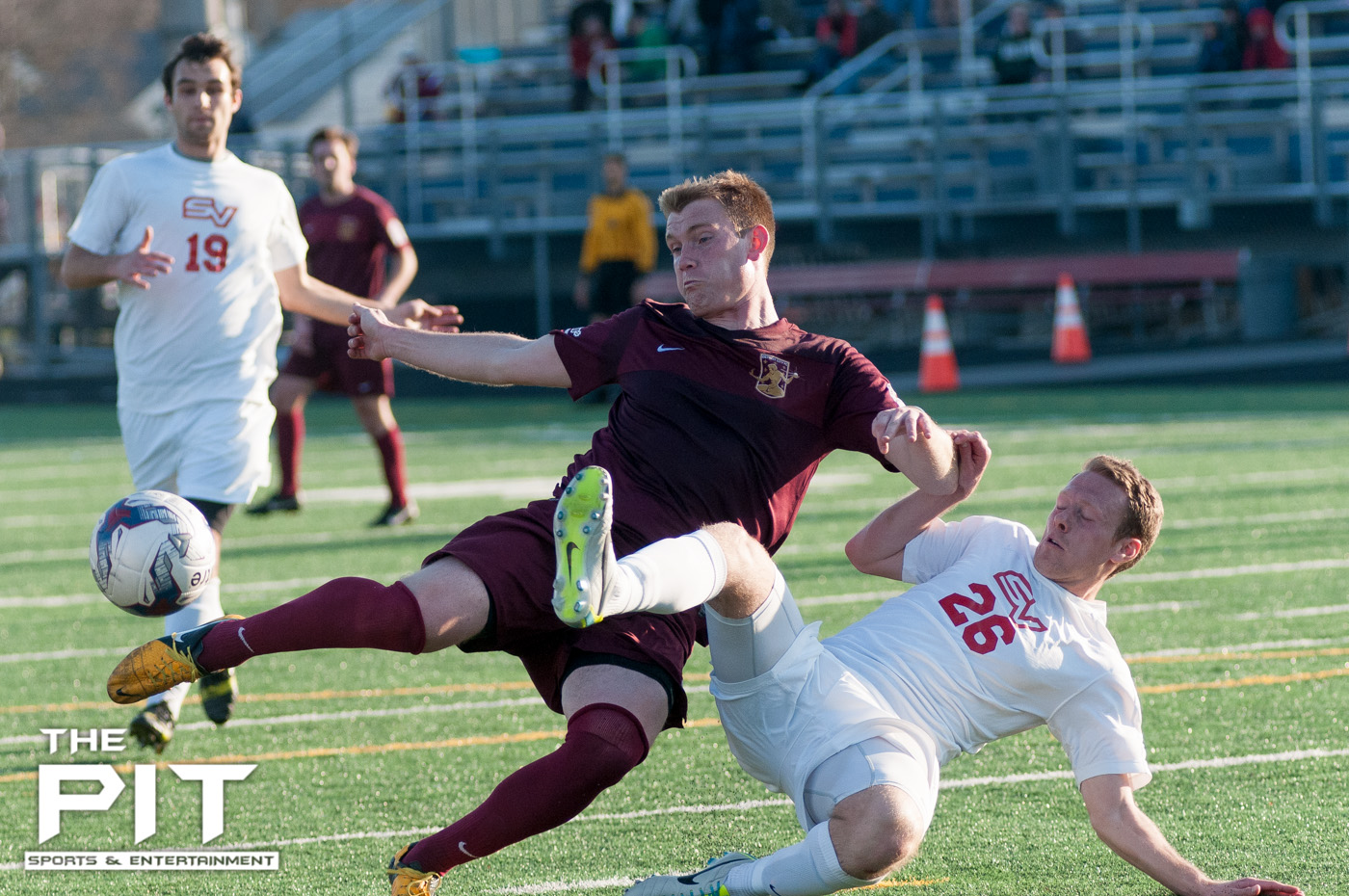 A Detroit City FC forward makes a shot attempt against an opposing Saginaw Valley Forward at a scrimmage match on April 19, 2014 at Hurley Field. Brian Quintos / The Pit: SE
