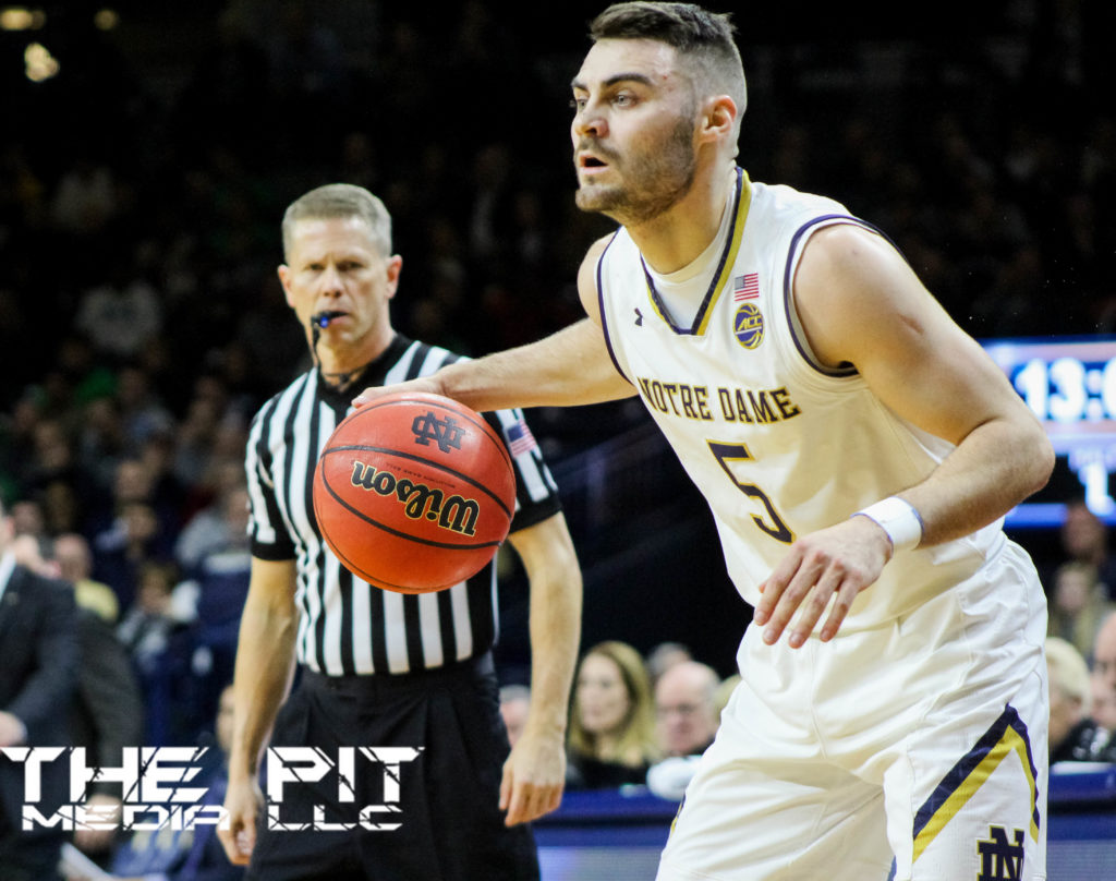 Matt Farrell was held to just 3 points in the first half Saturday against Clemson, before unloading for 15 points and the game-winning three in Notre Dame's 75-70 win. Damien Dennis/The Pit