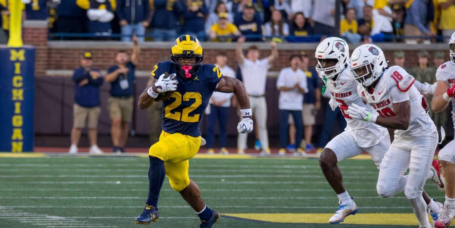 Michigan running back Justice Haynes bolts past New Mexico defenders on a 56-yard touchdown run on Saturday in Ann Arbor. (Tony Patroske/TPM)