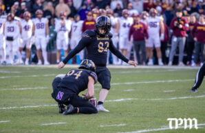 Northwestern kicker Jack Olsen (82) kids the game-winning field goal against Minnesota on Saturday, November 22, 2025 at Wrigley Field in Chicago. (Damien Dennis/TPM)