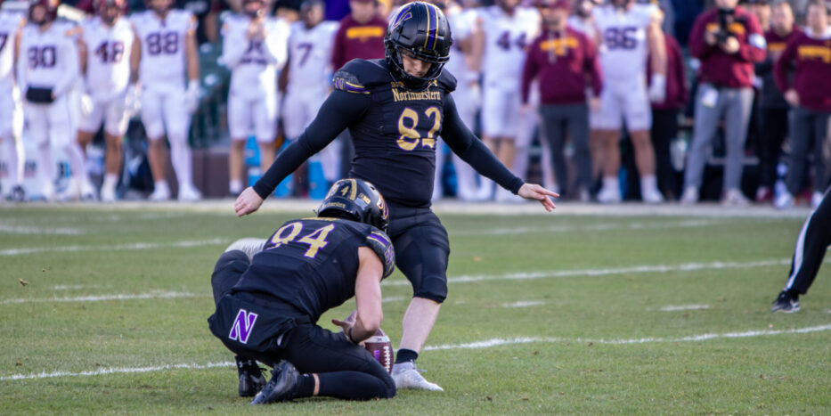 Northwestern kicker Jack Olsen (82) kids the game-winning field goal against Minnesota on Saturday, November 22, 2025 at Wrigley Field in Chicago. (Damien Dennis/TPM)