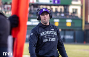 Northwestern Wildcats head coach David Braun walks the sidelines against the Minnesota Gophers on Saturday, Nov. 22, 2025 at Wrigley Field in Chicago. (Damien Dennis/TPM)