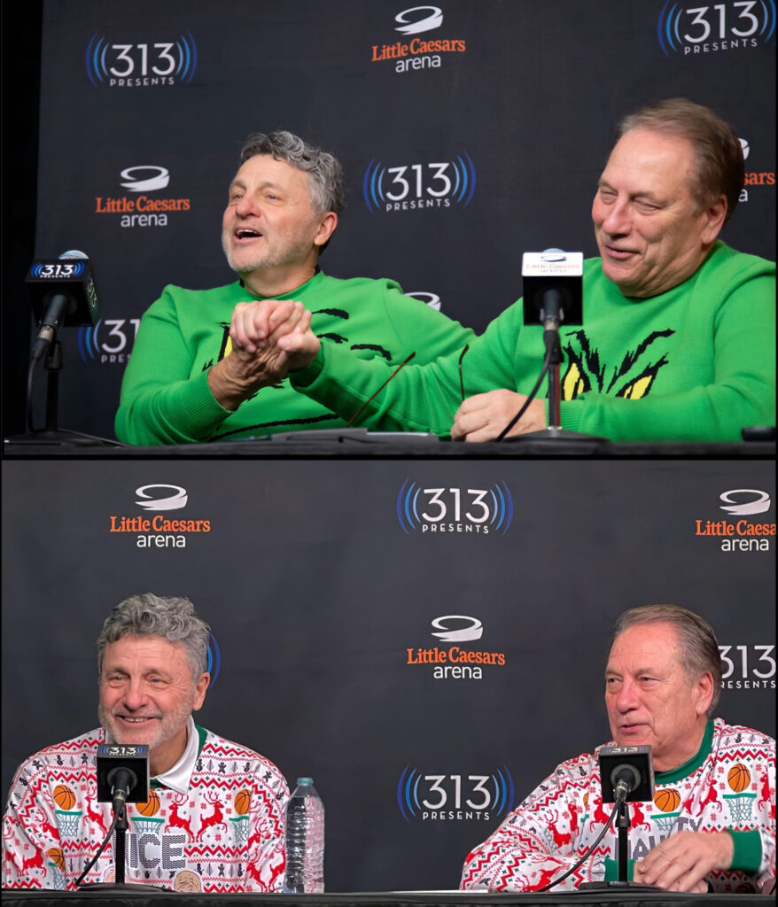 Oakland coach Greg Kampe (left) and Michigan State coach Tom Izzo sporting their Holiday sweaters at Little Caesars Arena in Detroit in both 2024 and 2025. (Ton Patroske/TPM)