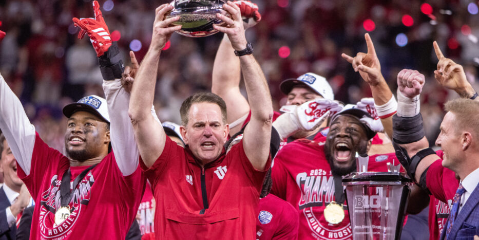 Indiana head coach Curt Cignetti hold celebrates the Hoosiers' Big Ten Championship victory over Ohio State, 13-10, at Lucas Oil Stadium in Indianapolis on Saturday, Dec. 6, 2025. (Damien Dennis/TPM)