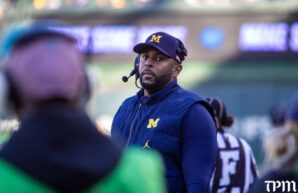 Michigan Wolverines coach Sherrone Moore walks the sidelines at Wrigley Field against Northwestern on Saturday, November 15, 2025. (Damien Dennis/TPM)