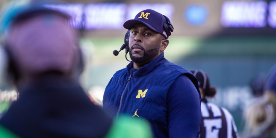 Michigan Wolverines coach Sherrone Moore walks the sidelines at Wrigley Field against Northwestern on Saturday, November 15, 2025. (Damien Dennis/TPM)