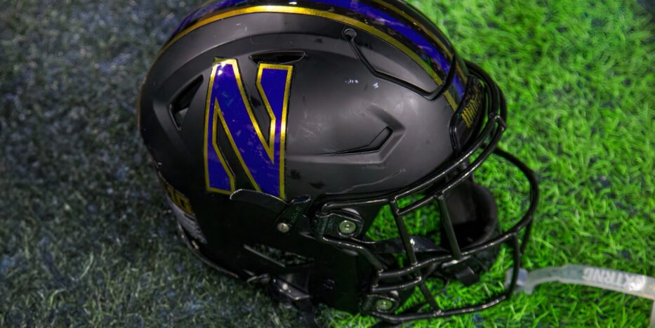 Northwestern helmet on the turf at Ford Field in Detroit following the GameAbove Sports Bowl on Dec. 26, 2025. (Tony Patroske/TPM)