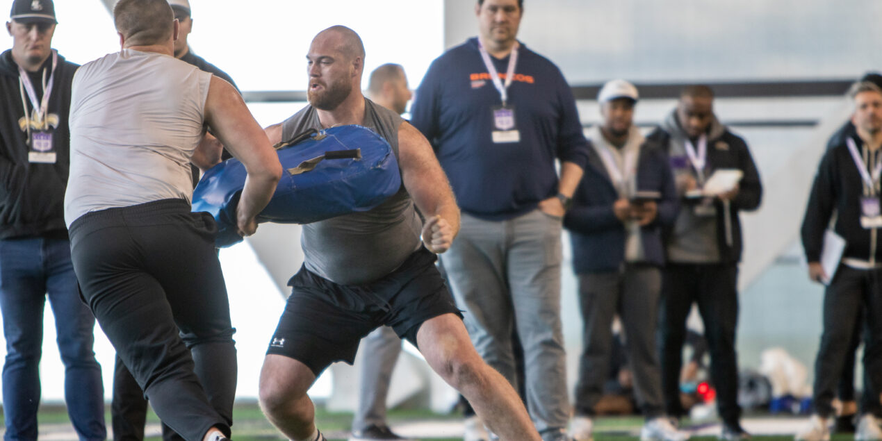 Northwestern offensive lineman Evan Beerntsen participates in drills during the Wildcats' Pro Day on Tuesday in Evanston. (Stephanie Sokol/TPM)