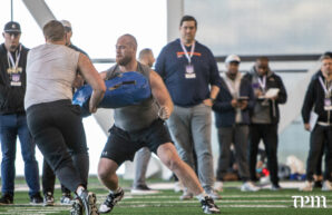Northwestern offensive lineman Evan Beerntsen participates in drills during the Wildcats' Pro Day on Tuesday in Evanston. (Stephanie Sokol/TPM)