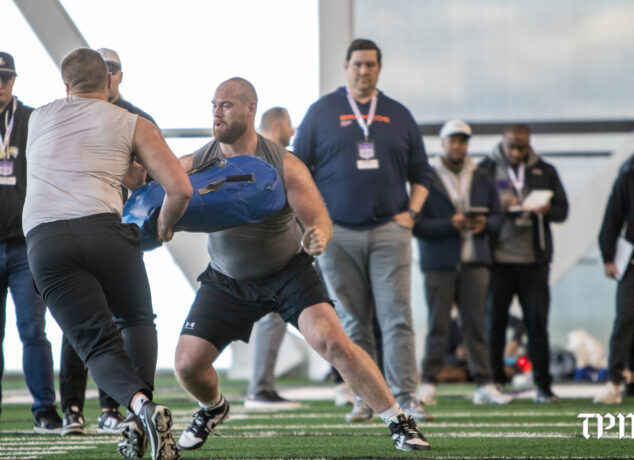 Northwestern offensive lineman Evan Beerntsen participates in drills during the Wildcats' Pro Day on Tuesday in Evanston. (Stephanie Sokol/TPM)