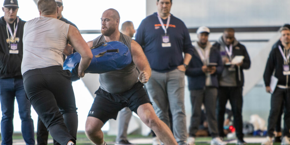 Northwestern offensive lineman Evan Beerntsen participates in drills during the Wildcats' Pro Day on Tuesday in Evanston. (Stephanie Sokol/TPM)