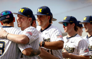 Michigan players celebrate Tuesday's 3-2 victory over Western Michigan in the Wolverines' 2026 home opener at Ray Fisher Stadium in Ann Arbor, Mich. (Tre Williams/TPM)