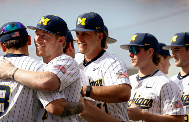 Michigan players celebrate Tuesday's 3-2 victory over Western Michigan in the Wolverines' 2026 home opener at Ray Fisher Stadium in Ann Arbor, Mich. (Tre Williams/TPM)