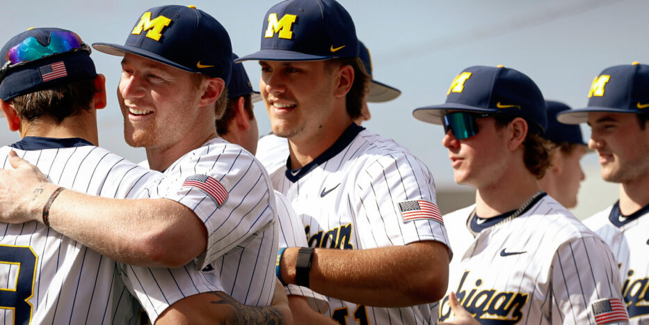 Michigan players celebrate Tuesday's 3-2 victory over Western Michigan in the Wolverines' 2026 home opener at Ray Fisher Stadium in Ann Arbor, Mich. (Tre Williams/TPM)