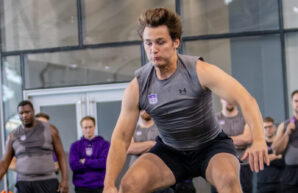 Northwestern quarterback Preston Stone performs a standing broad jump for NFL scouts during the Wildcats' 2026 Pro Day event at Ryan Fieldhouse in Evanston, Ill., on Tuesday, March 17, 2026. (Stephanie Sokol/TPM)