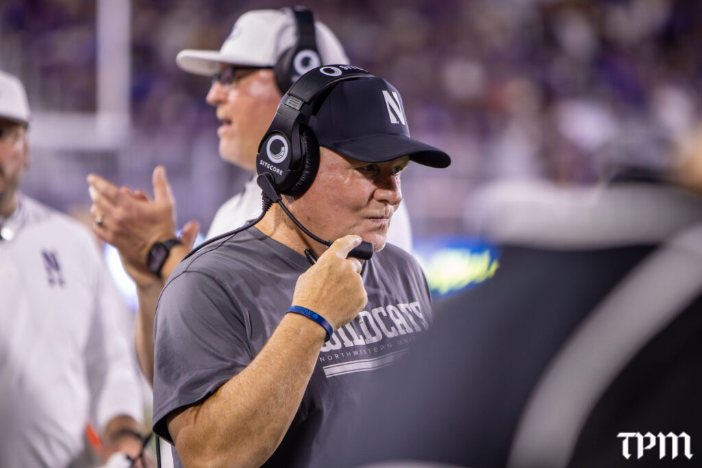 Northwestern offensive coordinator Chip Kelly is seen on the sidelines Saturday against South Dakota State. (Damien Dennis/TPM)