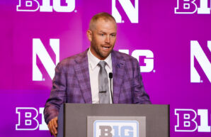 Northwestern coach David Braun addresses the media at Big Ten Football Media Days in Chicago in July. (Tre Williams/TPM)