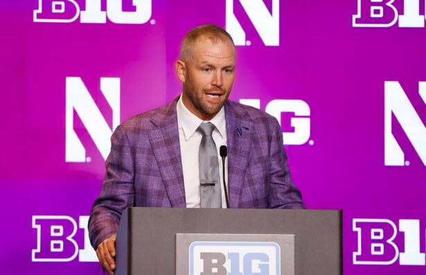 Northwestern coach David Braun addresses the media at Big Ten Football Media Days in Chicago in July. (Tre Williams/TPM)