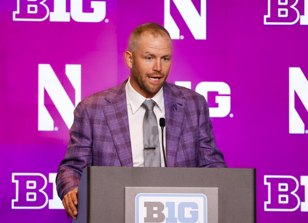 Northwestern coach David Braun addresses the media at Big Ten Football Media Days in Chicago in July. (Tre Williams/TPM)