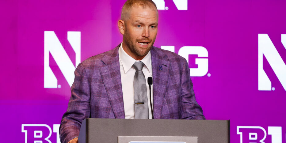 Northwestern coach David Braun addresses the media at Big Ten Football Media Days in Chicago in July. (Tre Williams/TPM)