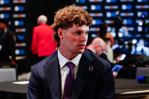 Northwestern receiver Griffin Wilde speaks to the media in Chicago in July. (Tre Williams/TPM)