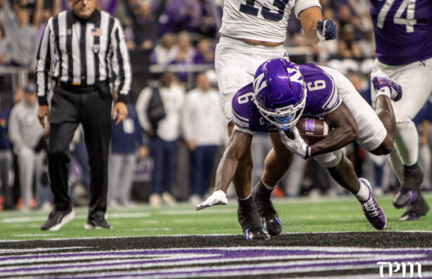 Northwestern running back Joesph Himon II (6) dives into the endzone Friday, Oct. 2, 2026 in Evanston against Penn State. The Wildcats won, 34-13. (Damien Dennis/TPM)