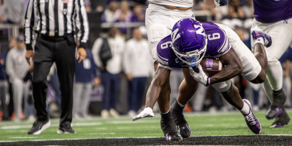 Northwestern running back Joesph Himon II (6) dives into the endzone Friday, Oct. 2, 2026 in Evanston against Penn State. The Wildcats won, 34-13. (Damien Dennis/TPM)