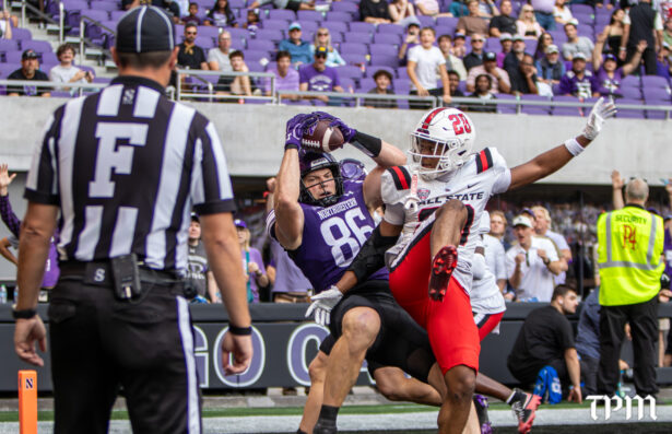 Northwestern tight end Alex Honig catches a pass for a touchdown against Ball State on Saturday, Oct. 10, 2026, at New Ryan Field in Evanston, Ill. (Damien Dennis/TPM)
