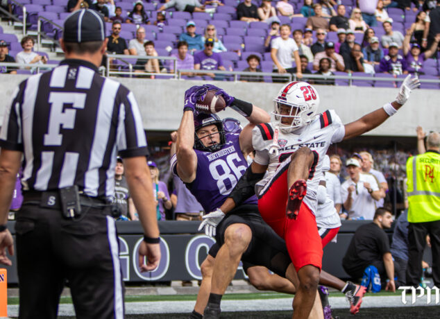 Northwestern tight end Alex Honig catches a pass for a touchdown against Ball State on Saturday, Oct. 10, 2026, at New Ryan Field in Evanston, Ill. (Damien Dennis/TPM)