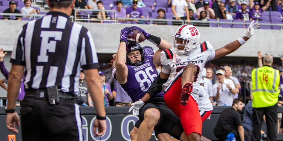 Northwestern tight end Alex Honig catches a pass for a touchdown against Ball State on Saturday, Oct. 10, 2026, at New Ryan Field in Evanston, Ill. (Damien Dennis/TPM)